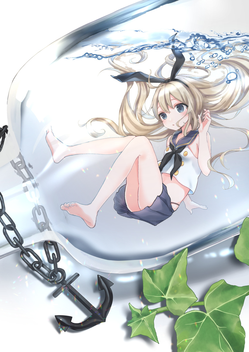 1girl absurdres anchor barefoot black_neckwear black_panties blonde_hair blue_sailor_collar blue_skirt blush bottle chain crop_top grey_eyes hair_between_eyes highleg highleg_panties highres hoshino_yura in_bottle in_container kantai_collection long_hair neckerchief no_gloves no_legwear panties pleated_skirt sailor_collar school_uniform serafuku shimakaze_(kantai_collection) skirt solo underwear