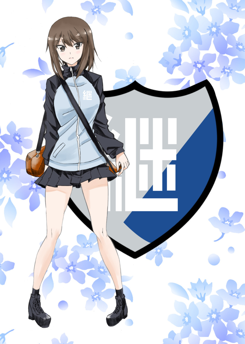 1girl ankle_boots bad_id bad_twitter_id bangs black_legwear blue_footwear blue_jacket blue_skirt boots brown_eyes brown_hair carrying closed_mouth emblem eno_(mauritz_stiller) floral_background frown girls_und_panzer highres instrument jacket kantele keizoku_(emblem) keizoku_military_uniform long_hair long_sleeves looking_at_viewer mika_(girls_und_panzer) military military_uniform miniskirt no_hat no_headwear pleated_skirt raglan_sleeves skirt socks solo standing track_jacket uniform