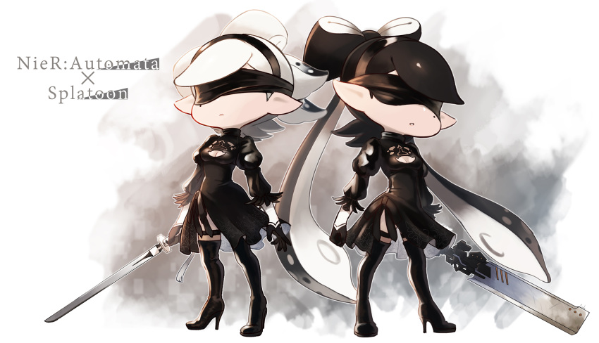 2girls aori_(splatoon) artist_name black_dress black_footwear black_gloves black_hair black_hairband blindfold boots breasts cleavage_cutout closed_mouth commentary copyright_name cosplay coula_cat cousins dress facing_viewer gloves gradient_hair grey_hair hairband high_heel_boots high_heels highres holding holding_sword holding_weapon hotaru_(splatoon) light_frown long_hair long_sleeves medium_breasts medium_dress medium_hair mole mole_under_eye multicolored_hair multiple_girls nier_(series) nier_automata parted_lips pointy_ears side-by-side side_slit signature smoke splatoon_(series) standing sword tentacle_hair thigh_boots thigh_strap thighhighs tied_hair very_long_hair weapon white_background white_hair yorha_no._2_type_b yorha_no._2_type_b_(cosplay)
