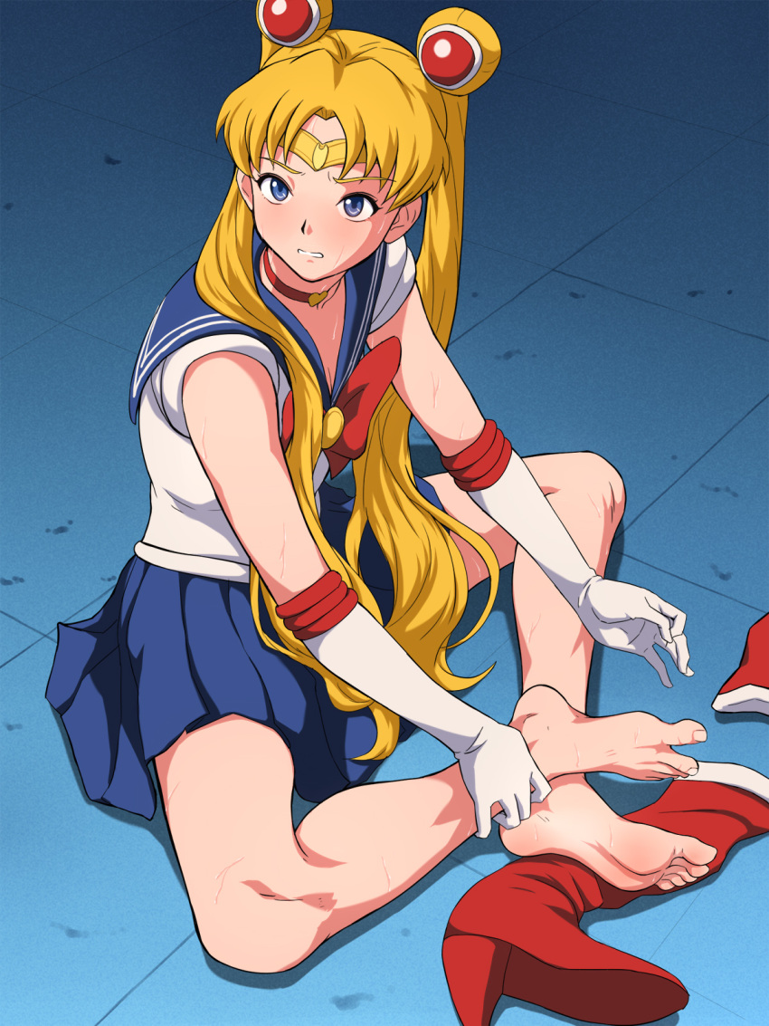 1girl bare_legs barefoot bishoujo_senshi_sailor_moon blue_sailor_collar choker crescent crescent_earrings derivative_work earrings feet highres jewelry legs long_hair maku_(l-u) no_shoes pov_feet red_choker sailor_collar sailor_moon sailor_moon_redraw_challenge sailor_senshi_uniform screencap_redraw sitting soles solo spread_toes toenails toes tsukino_usagi