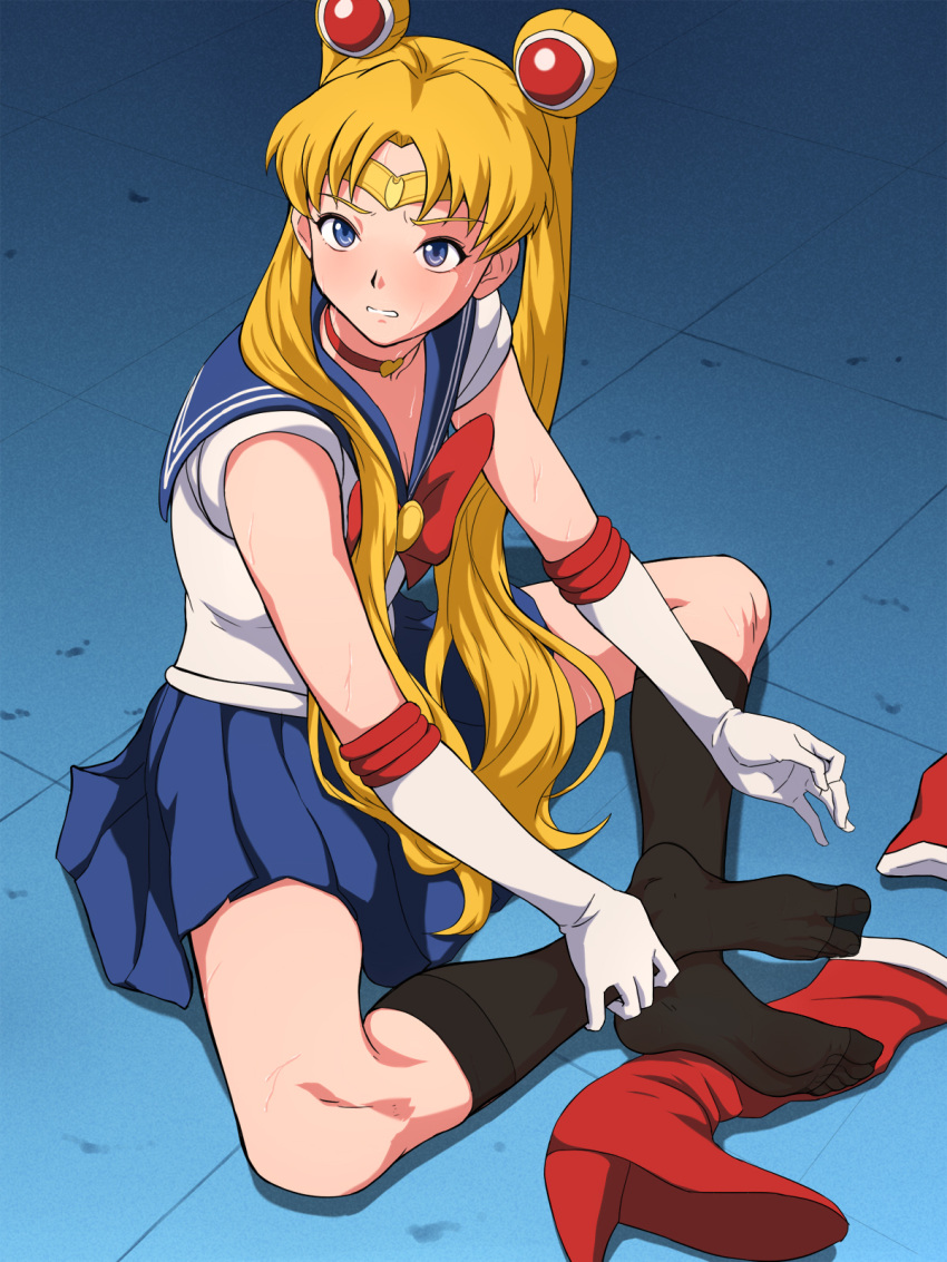 1girl bishoujo_senshi_sailor_moon black_legwear blonde_hair blue_eyes blue_sailor_collar choker crescent crescent_earrings double_bun earrings feet heart heart_choker highres inner_senshi jewelry legs long_hair looking_at_viewer maku_(l-u) red_choker sailor_collar sailor_moon sailor_moon_redraw_challenge sailor_senshi sailor_senshi_uniform socks soles toes tsukino_usagi twintails