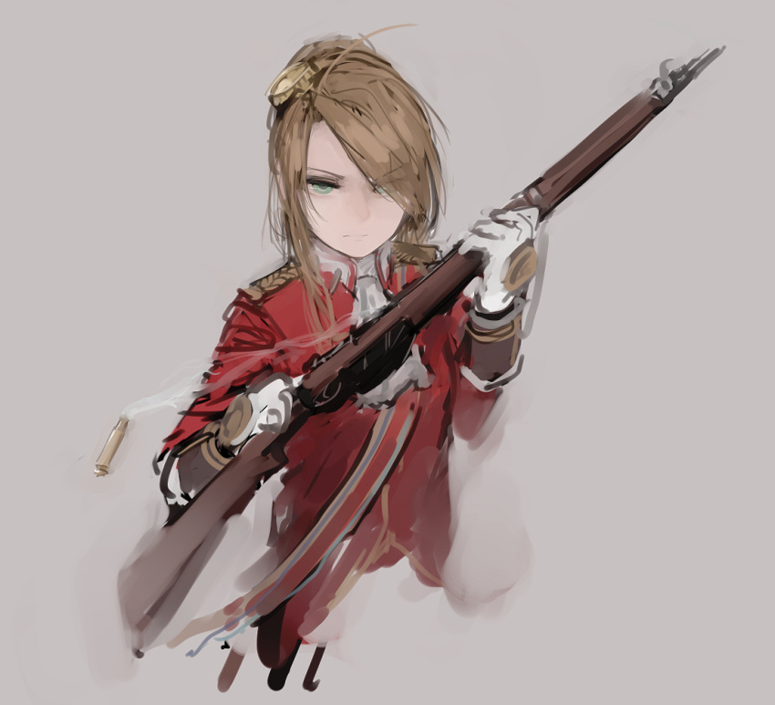 &gt;:( bangs british brown_hair closed_mouth collar eyebrows_visible_through_hair eyes_visible_through_hair girls_frontline gloves green_eyes grey_background gun hair_ornament hair_over_one_eye holding holding_gun holding_weapon jacket lee-enfield lee-enfield_(girls_frontline) long_hair long_sleeves military military_uniform rampart1028 red_jacket rifle shell_casing simple_background uniform upper_body weapon white_gloves