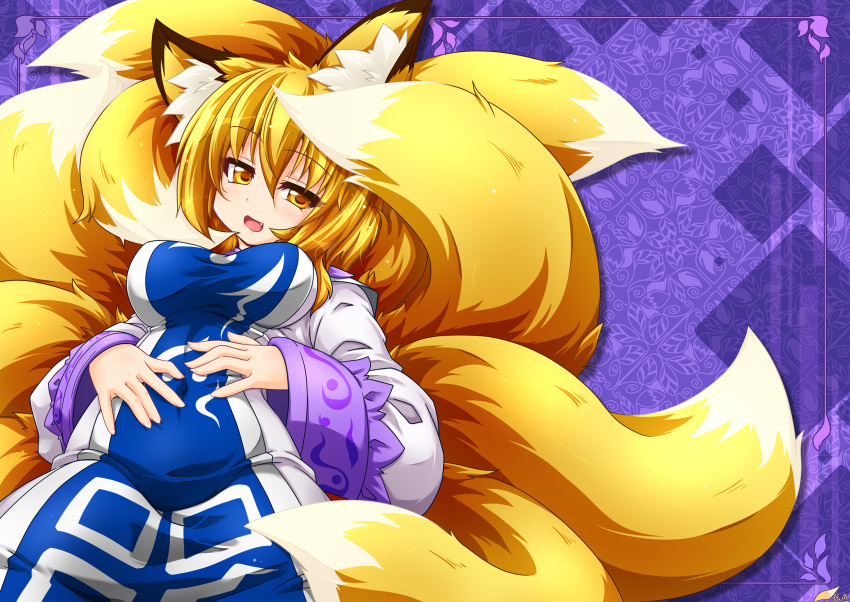 9_tails abstract_background animal_humanoid bedroom_eyes big_breasts blonde_hair breasts canid canid_humanoid canine canine_humanoid clothed clothing dipstick_ears dipstick_tail dress eyelashes female fluffy fluffy_tail fox_humanoid fully_clothed fur hair hi_res humanoid inner_ear_fluff kazami_karasu light_skin looking_at_viewer lying mammal mammal_humanoid monotone_hair multi_tail multicolored_ears multicolored_tail narrowed_eyes on_back open_mouth open_smile ran_yakumo seductive smile solo tabard touhou tuft video_games white_clothing white_dress yellow_body yellow_eyes yellow_fur