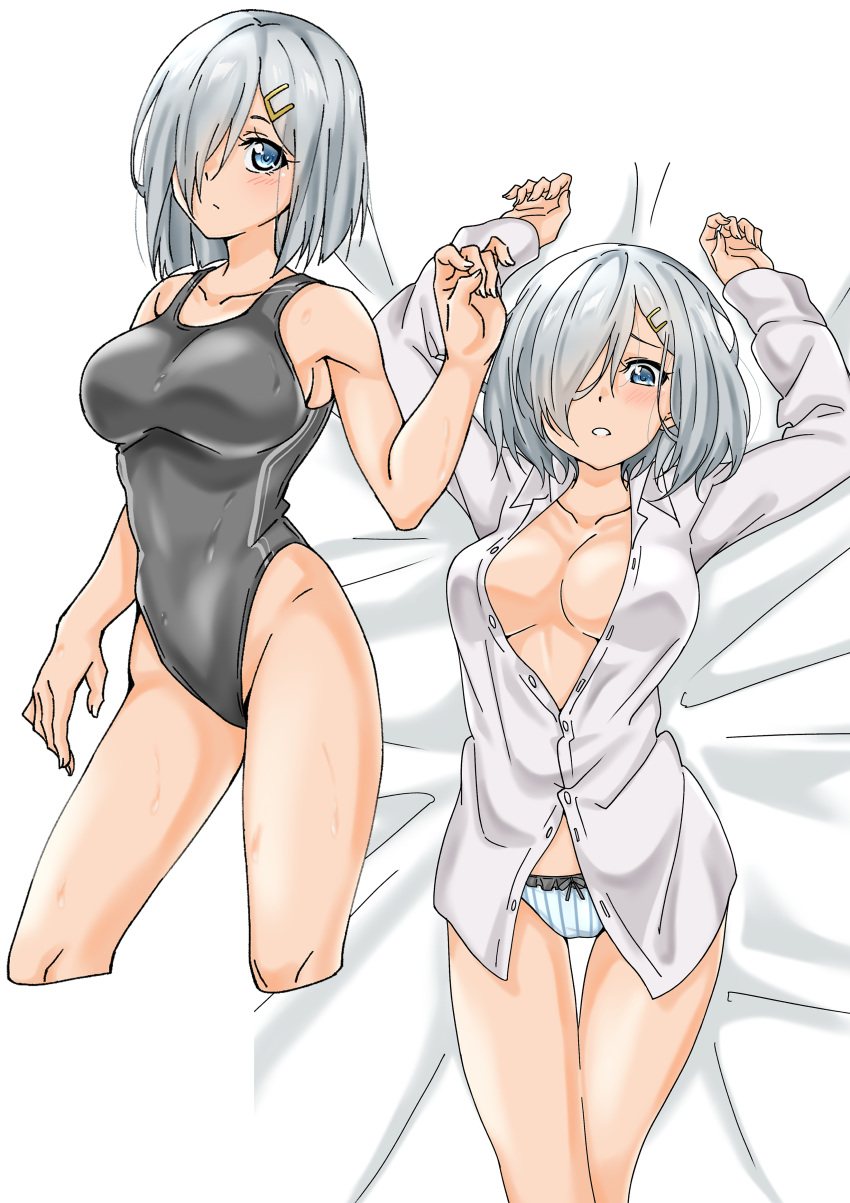 1girl absurdres blue_eyes breasts collarbone competition_swimsuit cowboy_shot cropped_legs dress_shirt grey_swimsuit hair_ornament hair_over_one_eye hairclip hamakaze_(kantai_collection) highleg highleg_swimsuit highres kantai_collection large_breasts looking_at_viewer maonatten multiple_views no_bra one-piece_swimsuit open_clothes panties shirt short_hair silver_hair striped striped_panties swimsuit thigh_gap underwear