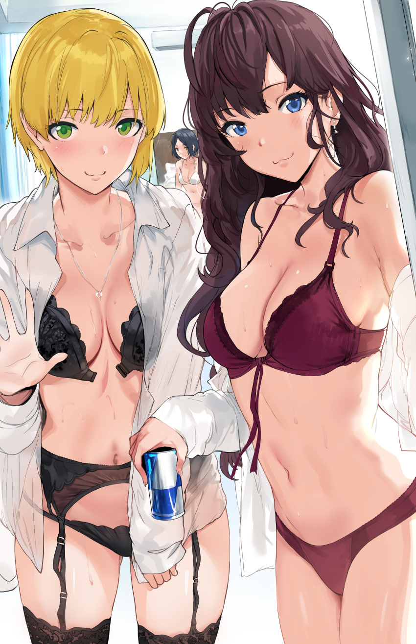 3girls absurdres ahoge asymmetrical_hair bangs black_bra black_hair black_legwear black_panties blonde_hair blue_eyes blush bra breasts brown_hair can cleavage closed_mouth collarbone collared_shirt dress_shirt earrings garter_belt garter_straps green_eyes hayami_kanade hews_hack highres huge_filesize ichinose_shiki idolmaster idolmaster_cinderella_girls jewelry large_breasts long_hair long_sleeves looking_at_viewer miyamoto_frederica multiple_girls navel necklace off_shoulder open_clothes open_shirt paid_reward panties parted_bangs patreon_reward purple_bra purple_panties shirt short_hair smile sweat thighhighs thighs underwear undone_bra wavy_hair white_bra white_shirt yellow_eyes