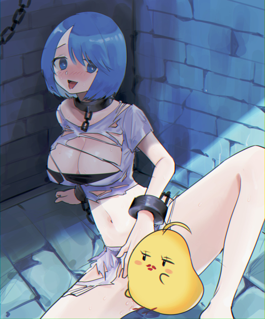 1girl :d azur_lane bird blue_eyes blue_hair breasts brick_floor brick_wall bright_pupils censored chain chapayev_(azur_lane) chapayev_(the_captive_cavalier)_(azur_lane) chick chromatic_aberration cleavage cuffs furrowed_eyebrows highres large_breasts manjuu_(azur_lane) navel novelty_censor open_mouth p_p_p99 shackles shirt short_hair short_sleeves smile spread_legs sweat tongue tongue_out torn_clothes torn_shirt white_pupils white_shirt