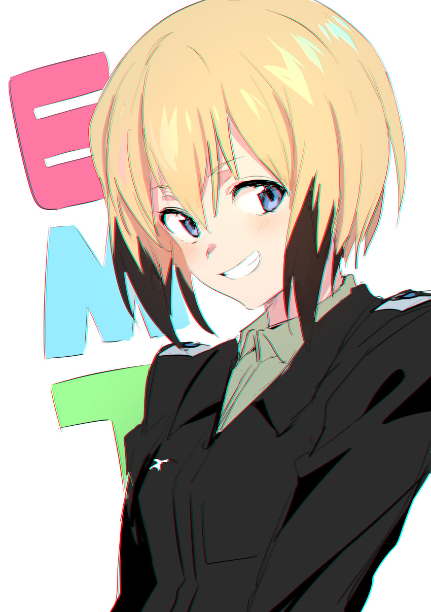 1girl absurdres background_text bangs black_jacket blazer blonde_hair blue_eyes brown_hair chromatic_aberration colored_text erica_hartmann eyebrows_visible_through_hair green_shirt hair_between_eyes highres jacket long_sleeves looking_at_viewer military military_uniform multicolored_hair parted_lips shirt shirt_under_jacket short_hair sidelocks simple_background smile solo strike_witches teeth two-tone_hair ulrich_(tagaragakuin) uniform white_background world_witches_series