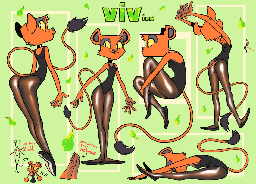 anthro butt choker clothing english_text feet felid female flexible food fruit hi_res jewelry legwear leotard lion mammal model_sheet necklace oddjuice pantherine pear pear_shaped plant slippers solo stretching text tights vivian_(oddjuice) yellow_sclera