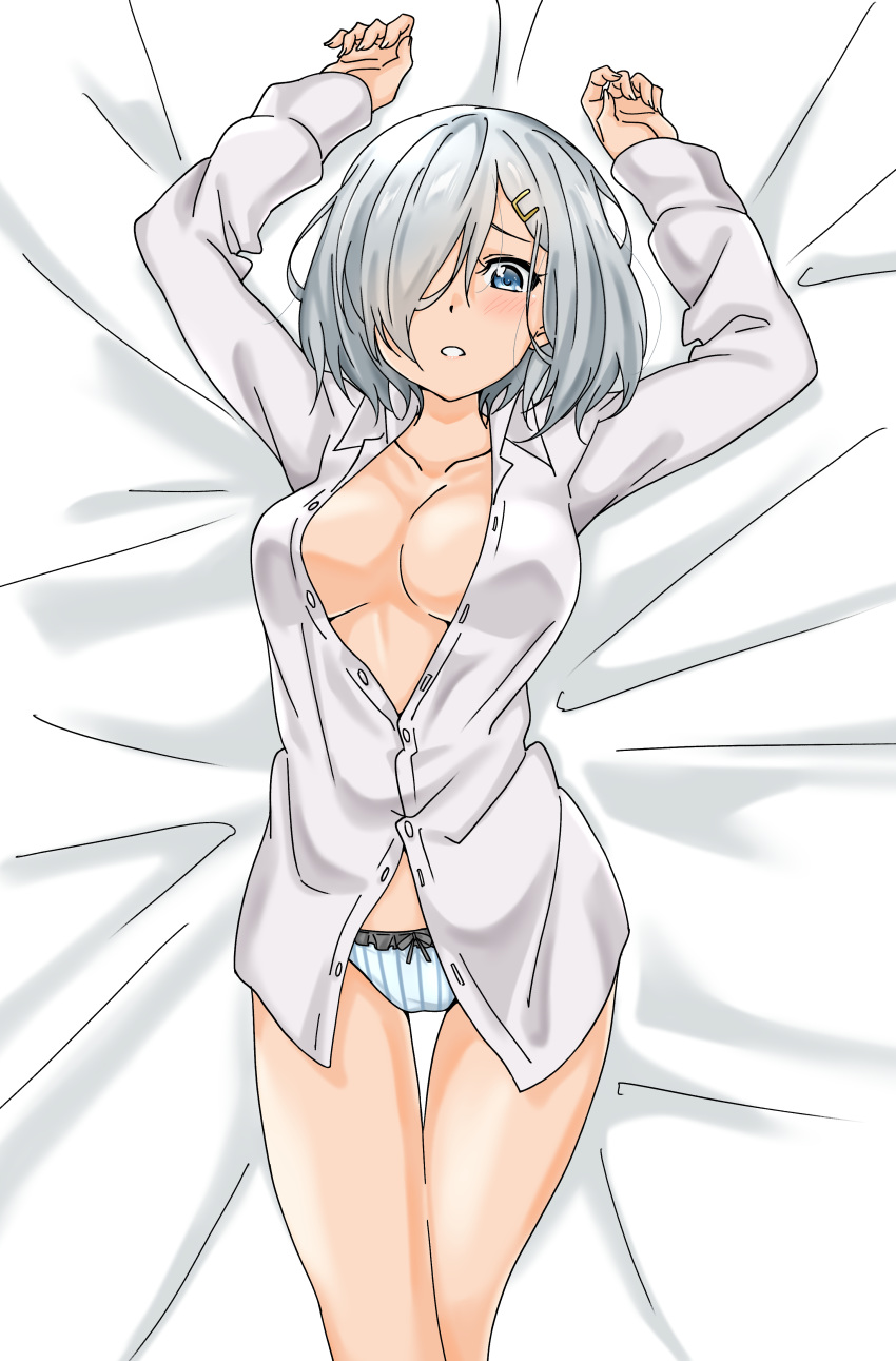 1girl absurdres blue_eyes breasts collarbone cowboy_shot dress_shirt hair_ornament hair_over_one_eye hairclip hamakaze_(kantai_collection) highres kantai_collection large_breasts long_sleeves looking_at_viewer lying maonatten on_back open_clothes panties shirt short_hair silver_hair solo striped striped_panties underwear white_shirt