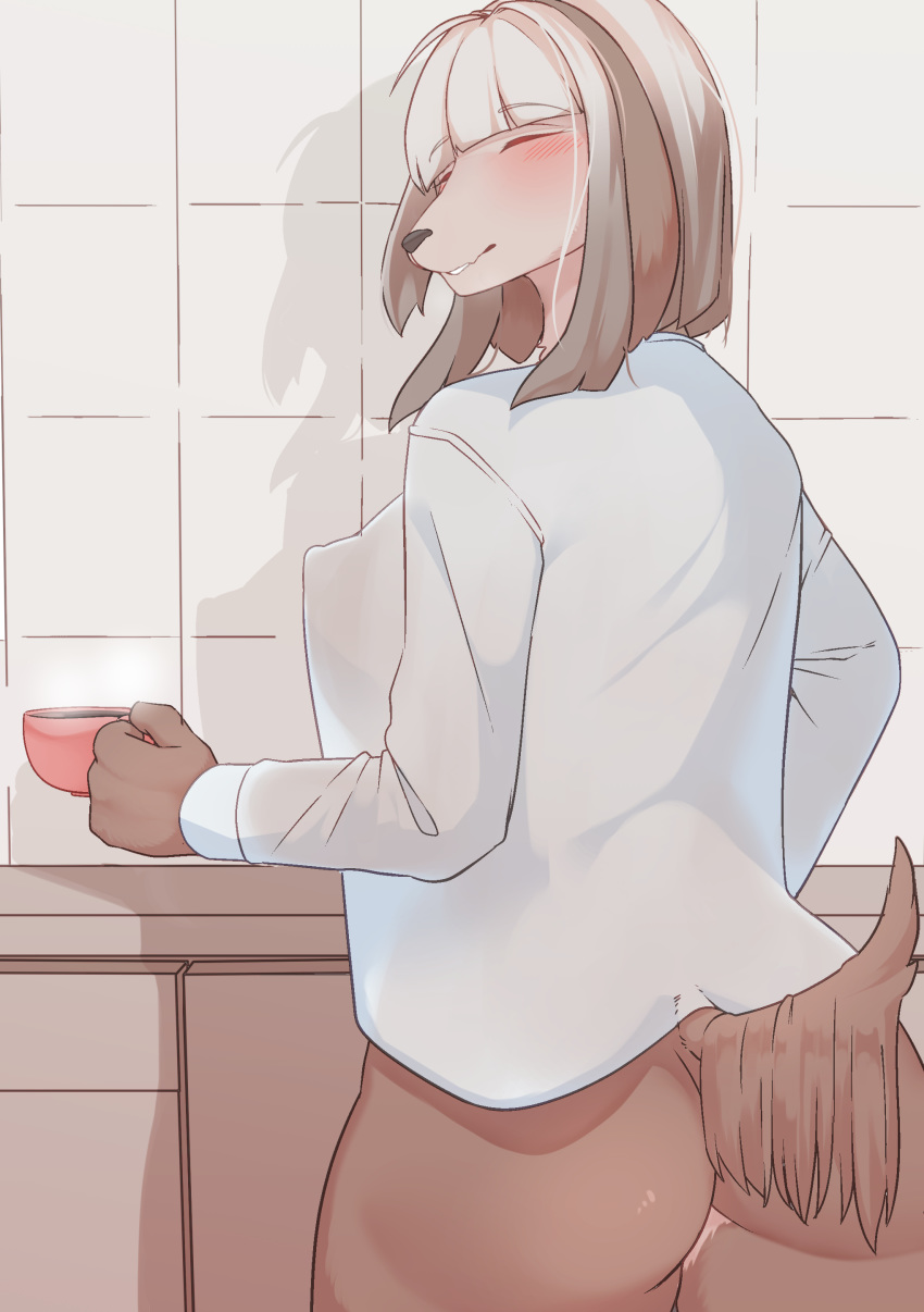 2020 absurd_res anthro blush bottomless breasts butt canid canine canis clothed clothing denyfake domestic_dog eyes_closed female fur hair hi_res holding_cup holding_object mammal monotone_tail nipple_outline rear_view solo steam topwear