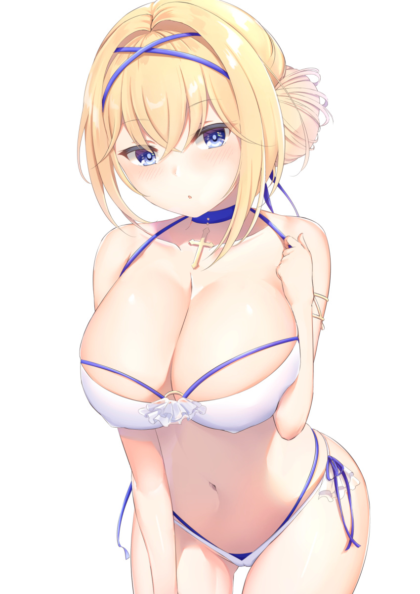 1girl :o aqua_eyes armlet azur_lane bangs bare_shoulders bikini blonde_hair blue_choker blue_ribbon breasts cameltoe choker cleavage commentary_request covered_nipples cross_choker eyebrows_visible_through_hair hair_bun hand_up highres jeanne_d'arc_(azur_lane) jeanne_d'arc_(movie_set_saintess)_(azur_lane) kanade_pa large_breasts layered_bikini leaning_forward looking_at_viewer navel o-ring o-ring_bikini o-ring_top open_mouth ribbon short_hair side-tie_bikini simple_background skindentation solo stomach swimsuit white_background white_bikini