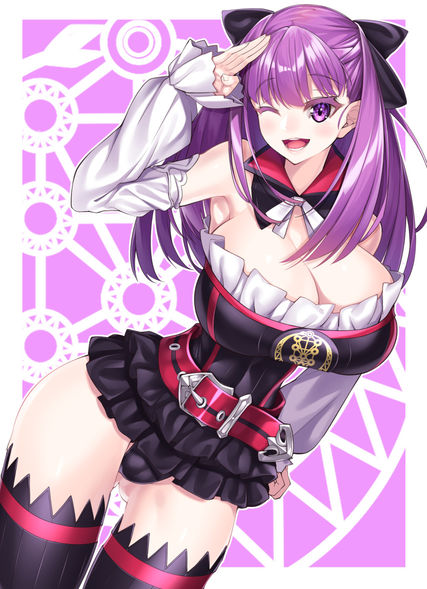 1girl alternate_breast_size alternate_hair_length alternate_hairstyle ass_visible_through_thighs bangs bare_shoulders belt black_bow black_dress black_legwear blush border bow breasts cleavage detached_collar detached_sleeves dress fate/grand_order fate_(series) hair_bow hand_on_hip helena_blavatsky_(fate/grand_order) highres large_breasts long_hair looking_at_viewer older one_eye_closed open_mouth purple_background purple_eyes purple_hair salute short_dress smile strapless strapless_dress thighhighs thighs watosu white_border white_sleeves