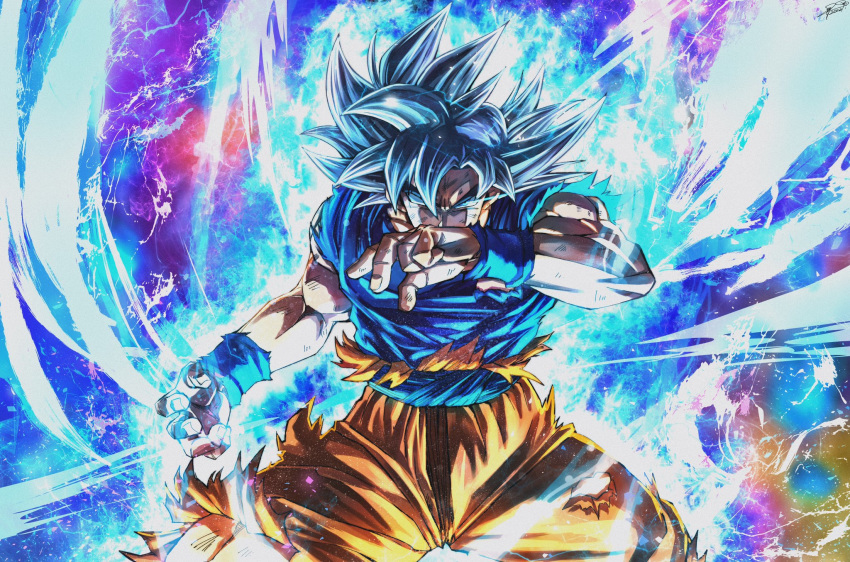 1boy aura battle_damage black_hair covered_mouth derivative_work dougi dragon_ball dragon_ball_super expressionless frown full_body grey_eyes highres looking_at_viewer male_focus muscle pose saiyan screencap_redraw serious shirt short_hair silver_eyes solo son_gokuu spiked_hair sumutemu torn_clothes ultra_instinct wristband