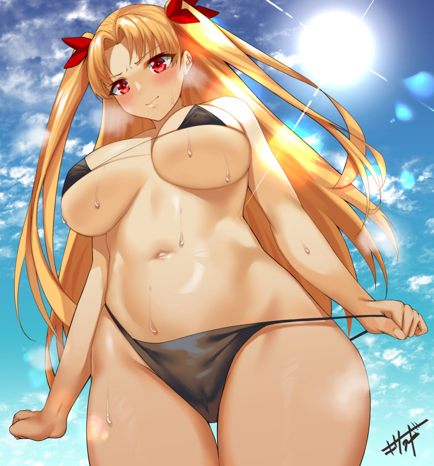 1girl bangs bikini black_bikini blonde_hair blue_sky breasts clenched_hand closed_mouth cloud ereshkigal_(fate/grand_order) fate/grand_order fate_(series) hair_ribbon highres kisaragi_(legobionicle23) large_breasts long_hair micro_bikini navel parted_bangs red_eyes red_ribbon ribbon sky standing stomach sun sweat swimsuit thighs underboob