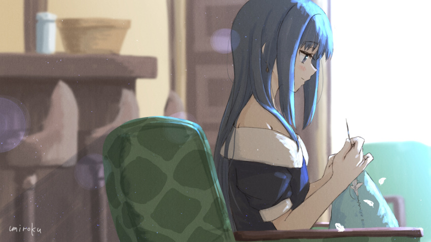 1girl armchair black_dress black_hair blurry blurry_background blush chair closed_mouth commentary_request depth_of_field dress holding indoors light_smile long_hair looking_away magia_record:_mahou_shoujo_madoka_magica_gaiden mahou_shoujo_madoka_magica nanami_yachiyo off-shoulder_dress off_shoulder on_chair profile puffy_short_sleeves puffy_sleeves purple_eyes sewing short_sleeves sidelocks signature sitting solo umiroku