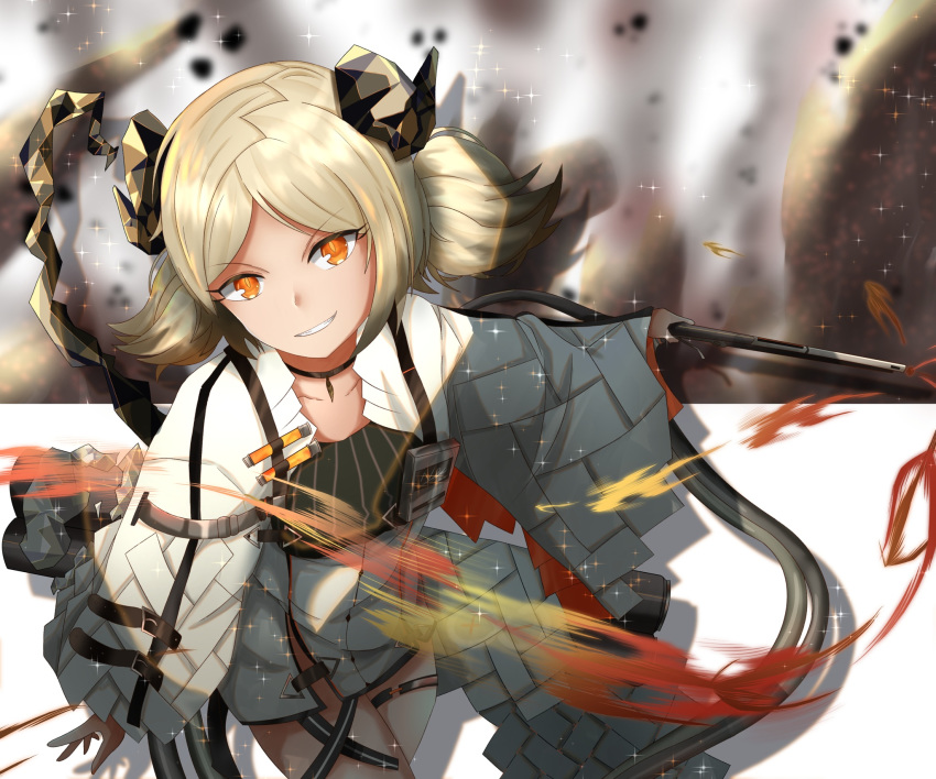 1girl arknights brown_background commentary_request eyebrows_visible_through_hair flamethrower grin highres horns ifrit_(arknights) multicolored multicolored_background orange_eyes originium_(arknights) platinum_blonde_hair slit_pupils smile solo sparkle tail user_wtjz7445 weapon white_background