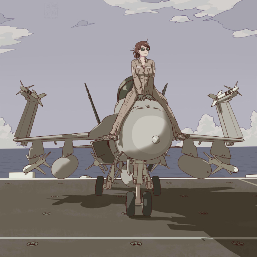 1girl ahoge aircraft_carrier aviator_sunglasses breasts cleavage cloud cloudy_sky collarbone commentary_request etmc1992 f/a-18e_super_hornet flight_deck gloves hair_bun highres looking_away military military_vehicle ocean original pilot_suit riding ship shoes signature sky smile sneakers sunglasses warship watercraft