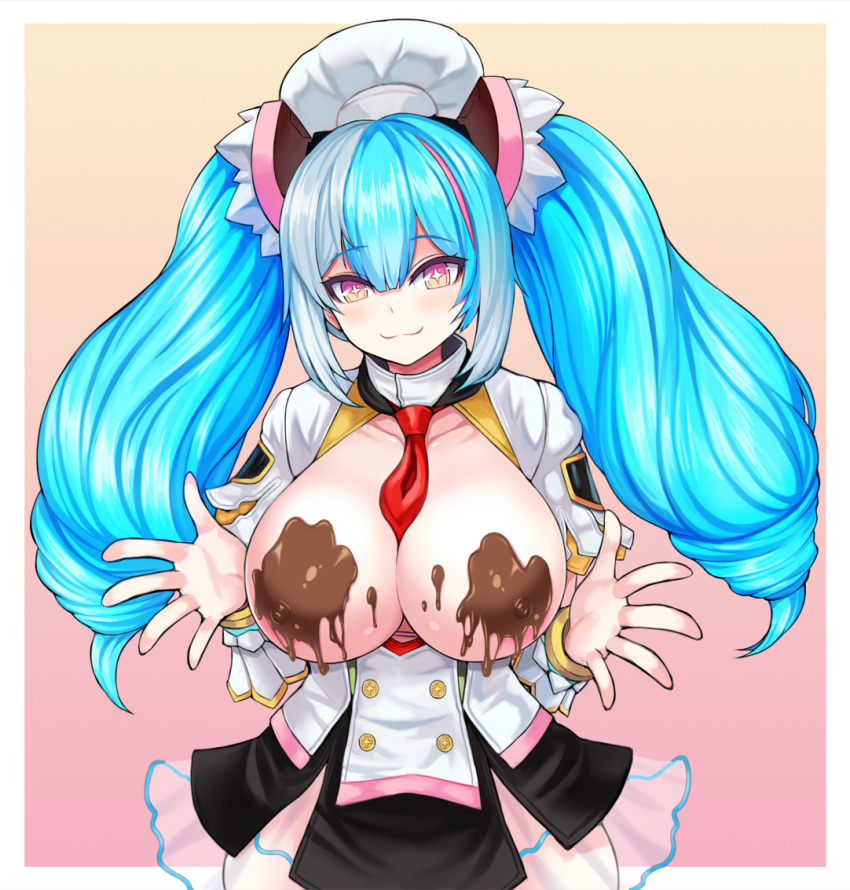 1girl :3 areolae aurora_(last_origin) bangs blue_hair breasts breasts_outside chef chef_hat chocolate_on_breasts dress drill_hair hair_between_eyes hat large_breasts last_origin looking_at_viewer multicolored_hair nipples pink_eyes pink_hair smile solo streaked_hair symbol-shaped_pupils zofe