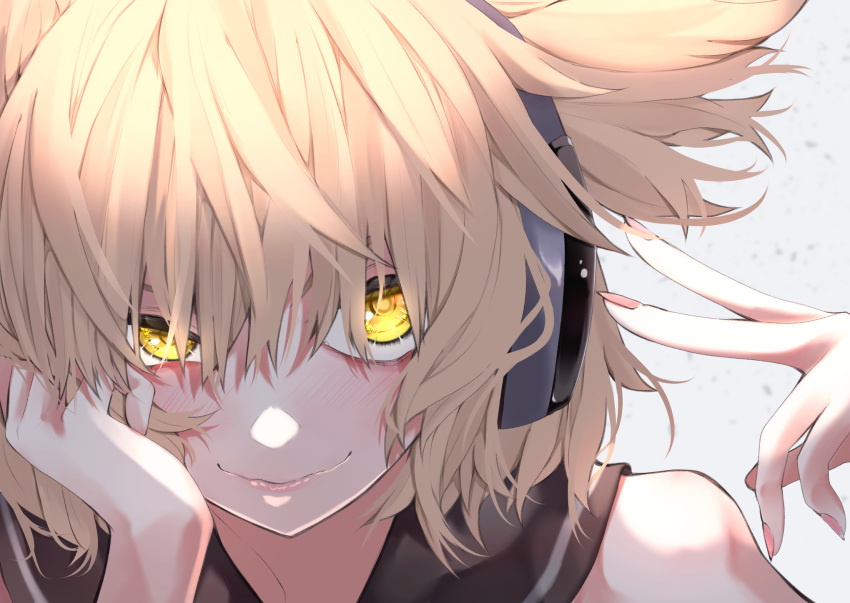 1girl bare_shoulders blonde_hair blush closed_mouth earmuffs fall_dommmmmer glowing glowing_eyes hair_flaps hair_over_eyes hand_in_hair head_rest highres lipstick looking_at_viewer makeup nail_polish pink_nails portrait sanpaku sleeveless smile solo touhou toyosatomimi_no_miko uneven_eyes yellow_eyes