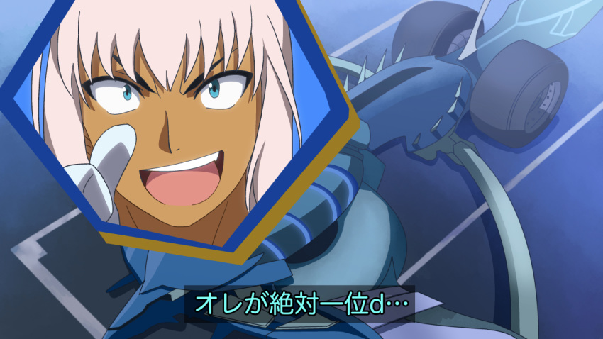 1girl bangs blue_eyes caenis_(fate) car carnival_phantasm colored_text dark_skin dialogue_box eyebrows eyebrows_behind_hair fate/grand_order fate_(series) ground_vehicle harzola motor_vehicle open_mouth parody pointing pointing_at_self short_hair sidelocks teeth tongue translation_request white_hair