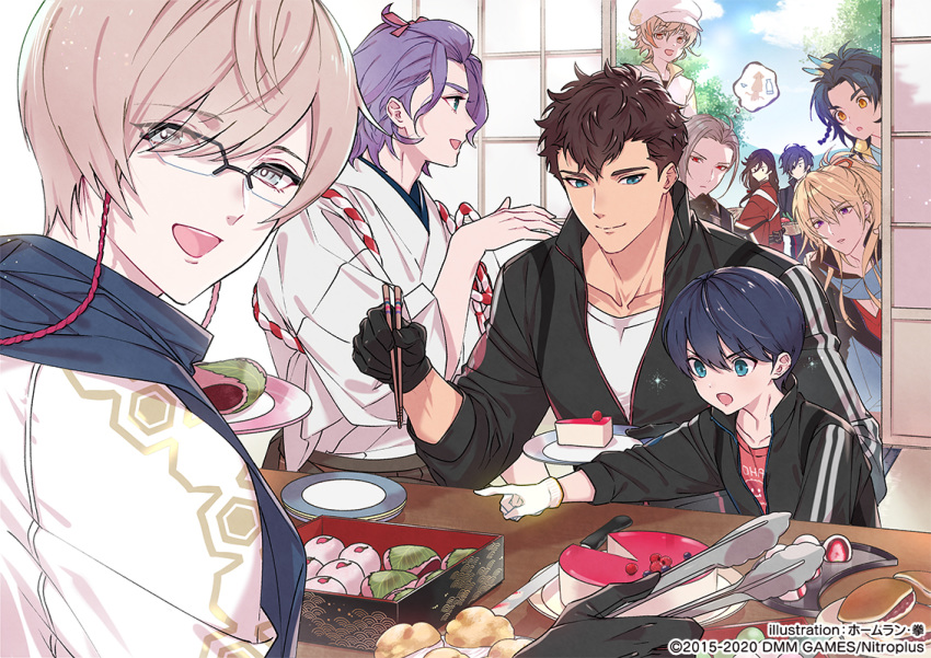 6+boys :d azuki_nagamitsu_(touken_ranbu) black_gloves black_hair blonde_hair blue_eyes blue_sky blueberry braid brown_hair cake chopsticks daihannya_nagamitsu_(touken_ranbu) dorayaki feathers food fruit glasses gloves hair_feathers hat homerun_ken ichigo_daifuku imagining izumi-no-kami_kanesada jacket japanese_clothes kasen_kanesada kenshin_kagemitsu kikkou_sadamune knife kouryuu_kagemitsu looking_back male_focus monoyoshi_sadamune multiple_boys official_art open_mouth plate pointing ponytail purple_eyes purple_hair raspberry red_eyes sakura_mochi shokudaikiri_mitsutada silver_hair sky sliding_doors smile squid taikogane_sadamune thought_bubble tongs touken_ranbu track_jacket wagashi white_gloves yellow_eyes