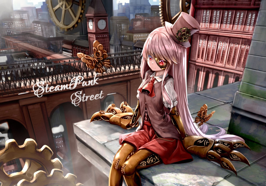 1girl arch_bridge artificial_eye bangs bug building butterfly clock clock_tower copyright_name cowboy_shot cravat day gears hat insect long_hair mecha_musume mechanical_butterfly mechanical_eye mechanical_hands mechanical_legs outdoors red_eyes red_skirt ryosios silver_hair sitting skirt smile smog solo steam_punk_street_(game) steampunk steampunk_girl_(ryosios) top_hat tower very_long_hair