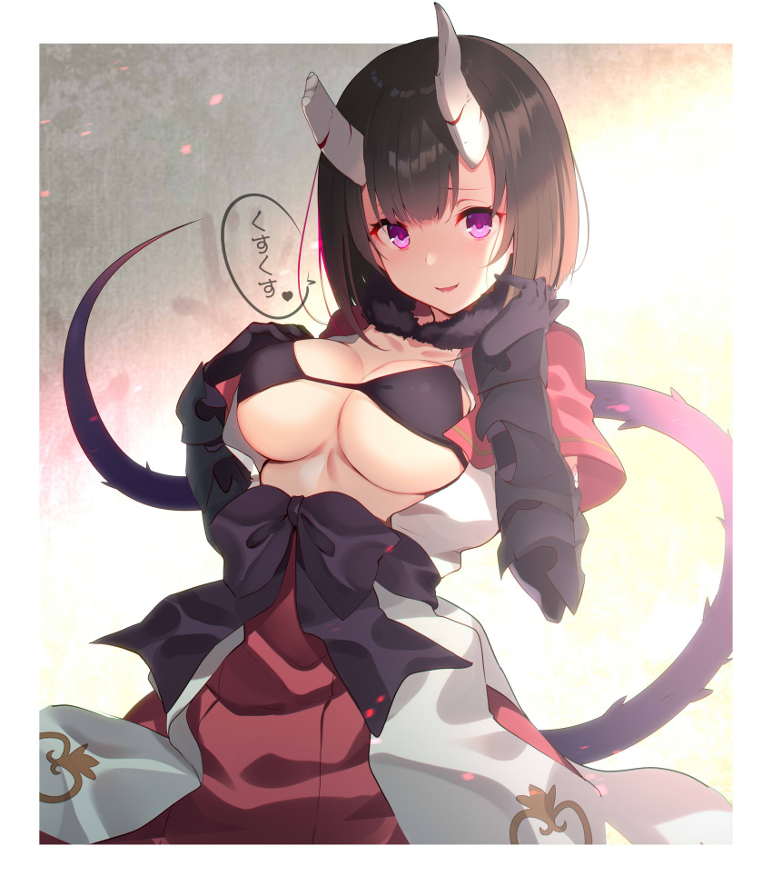 1girl absurdres bangs black_gloves black_hair blush breasts broken_horn capelet commentary_request eriko_(princess_connect!) eyebrows_visible_through_hair gloves highres horns kujou_ichiso large_breasts looking_at_viewer princess_connect! princess_connect!_re:dive purple_eyes red_capelet smile solo spiked_tail tail translated