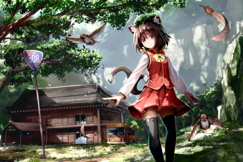 1girl animal_ears bird black_legwear bow bowtie brown_hair building bus cabin cat_ears cat_tail chen chinese_clothes dappled_sunlight day feathers grass green_headwear ground_vehicle hat house long_sleeves looking_at_viewer mob_cap motor_vehicle multiple_tails outdoors pleated_skirt red_eyes red_skirt red_vest road_sign rock ryosios shirt short_hair sign skirt skirt_set smile solo sunlight tail thighhighs touhou tree two_tails vest walking white_shirt window wooden_house yellow_neckwear zettai_ryouiki