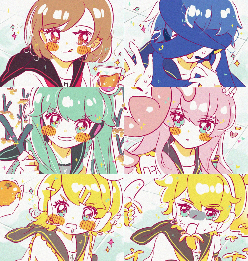 2boys 5girls :p aqua_eyes aqua_hair banana banana_peel bangs bare_shoulders bass_clef bishoujo_senshi_sailor_moon black_collar blonde_hair blue_collar blue_scarf blush_stickers brown_hair collar commentary covered_face cup derivative_work detached_sleeves eating english_commentary expressionless food fruit giving grey_shirt grin hair_ornament hairclip hand_up hatsune_miku headphones headset highres holding holding_cup holding_food holding_fruit holding_spring_onion kagamine_len kagamine_rin kaito long_hair meiko merurin mouth_drool mouth_hold multiple_boys multiple_girls open_mouth orange outstretched_hand parody parted_lips pink_hair portrait sailor_collar sailor_moon_redraw_challenge scarf school_uniform serafuku shirt short_hair shoulder_tattoo sleeveless sleeveless_shirt smile sparkle spring_onion sweat swept_bangs takoluka tattoo tongue tongue_out treble_clef turn_pale twintails v-shaped_eyebrows vocaloid white_shirt