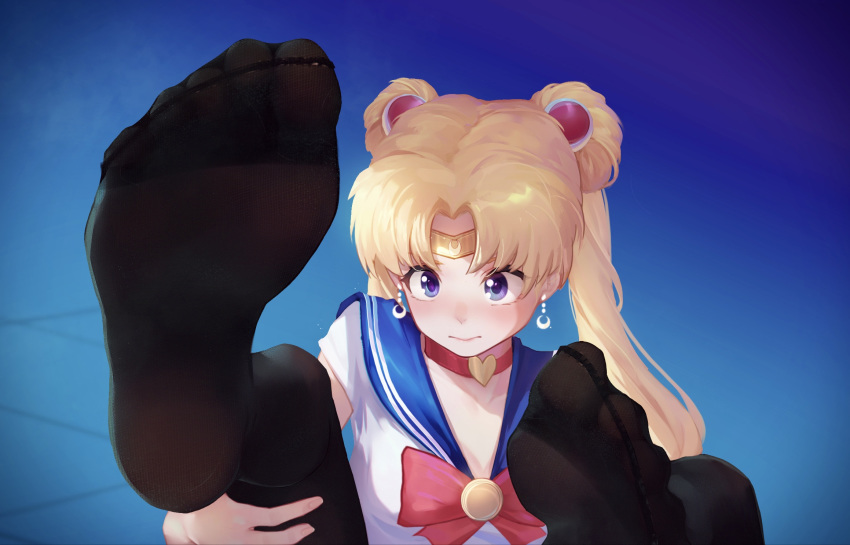 1girl bishoujo_senshi_sailor_moon black_legwear blonde_hair blue_eyes blue_sailor_collar blush choker circlet closed_mouth collarbone crescent crescent_earrings double_bun earrings feet greek_toe hair_ornament heart heart_choker highres ice_(dzs1392584271) jewelry legs_up long_hair no_shoes pantyhose pov_feet red_choker sailor_collar sailor_moon sailor_moon_redraw_challenge sailor_senshi sailor_senshi_uniform seamed_legwear soles solo spread_toes toe_seam toes tsukino_usagi twintails upper_body