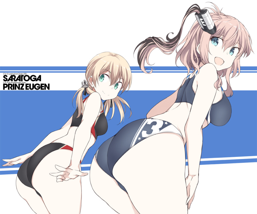 2girls :d aqua_eyes ass bikini black_bikini blonde_hair blue_eyes breasts brown_hair character_name clothes_writing cowboy_shot eyebrows_visible_through_hair hair_between_eyes kantai_collection large_breasts long_hair low_twintails multiple_girls open_mouth prinz_eugen_(kantai_collection) saratoga_(kantai_collection) side_ponytail smile souji sports_bikini sportswear swimsuit twintails