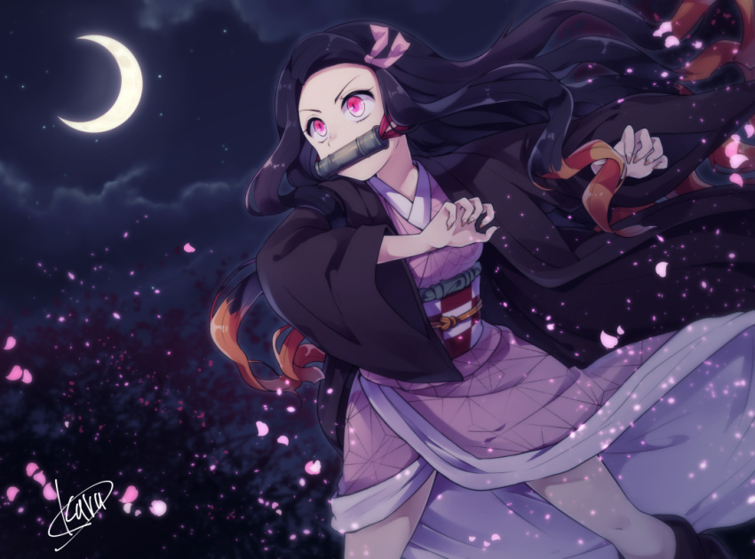 1girl asa_no_ha_(pattern) bamboo bit_gag brown_jacket checkered_obi claw_pose cloud crescent_moon fingernails gag gradient_hair hair_ribbon haori jacket japanese_clothes kamado_nezuko kimetsu_no_yaiba kimono long_hair moon multicolored_hair night night_sky obi outdoors petals pink_eyes pink_kimono pink_ribbon ribbon sash sharp_fingernails shiunga315 sky solo very_long_hair