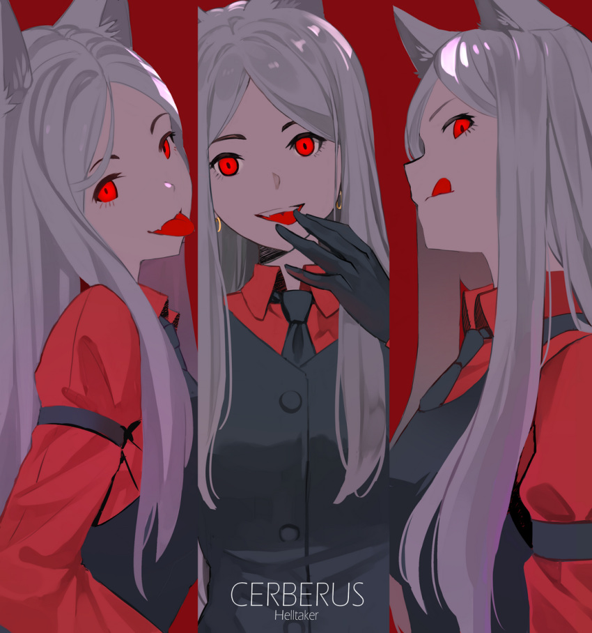 3girls :p :q animal_ears black_gloves black_neckwear cerberus_(helltaker) character_name copyright_name demon_girl dog_ears dog_girl earrings gloves grey_hair helltaker jewelry long_hair looking_at_viewer multiple_girls necktie nonh_(wormoftank) open_mouth red_background red_eyes red_shirt shirt simple_background smile teeth tongue tongue_out