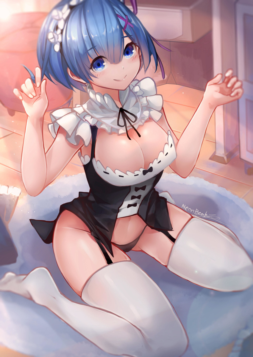 1girl absurdres arms_up bangs black_panties blue_eyes blue_hair blunt_bangs blush breasts cleavage closed_mouth collar commentary commission detached_collar english_commentary eyebrows_visible_through_hair frilled_collar frilled_hairband frills full_body hair_between_eyes hairband hand_in_hair highres large_breasts looking_at_viewer maid neonbeat no_pants no_shoes panties re:zero_kara_hajimeru_isekai_seikatsu rem_(re:zero) seiza short_hair signature sitting smile solo thighhighs underwear white_legwear