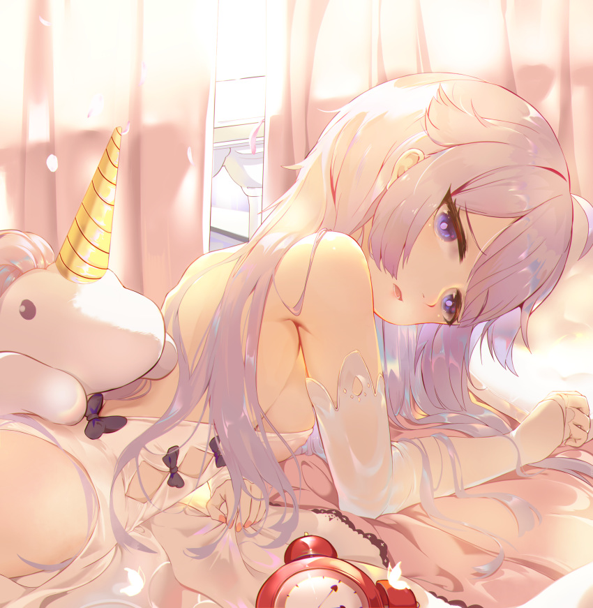 1girl absurdres ahoge armpit_crease azur_lane backless_dress backless_outfit backlighting bangs bare_shoulders bed breasts chinese_commentary clock commentary_request curtains detached_sleeves dress eyebrows_visible_through_hair falling_petals highres lavender_hair long_hair looking_at_viewer lying medium_breasts nail_polish on_bed on_stomach parted_lips pink_nails purple_eyes shoulder_blades sideboob sidelocks solo stuffed_alicorn stuffed_animal stuffed_toy sunlight swept_bangs unicorn_(azur_lane) upper_body white_dress window window_shade xiaoshan_jiang