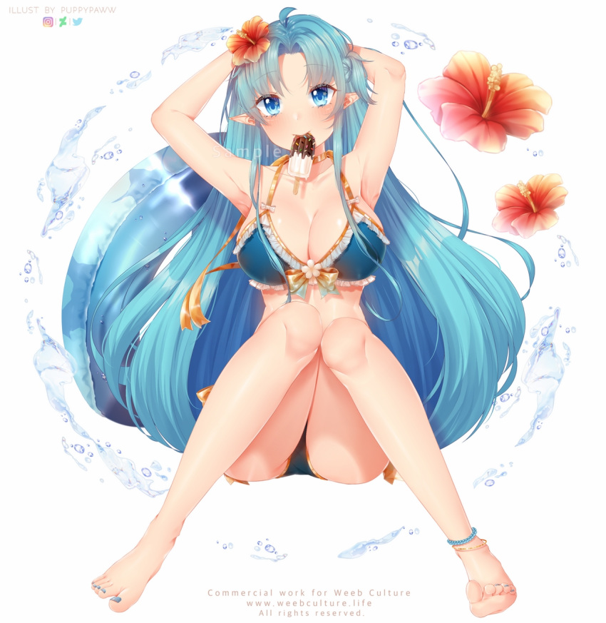 1girl armpits arms_behind_head artist_name ass asuna_(sao-alo) bangs bare_arms bare_shoulders bikini black_bikini blue_eyes blue_hair blush breasts cleavage collarbone collarobne commentary deviantart_logo eyebrows_visible_through_hair flower food frills highres innertube instagram_logo large_breasts long_hair looking_at_viewer orange_flower pointy_ears popsicle puppypaww smile solo swimsuit sword_art_online twitter_logo watermark web_address