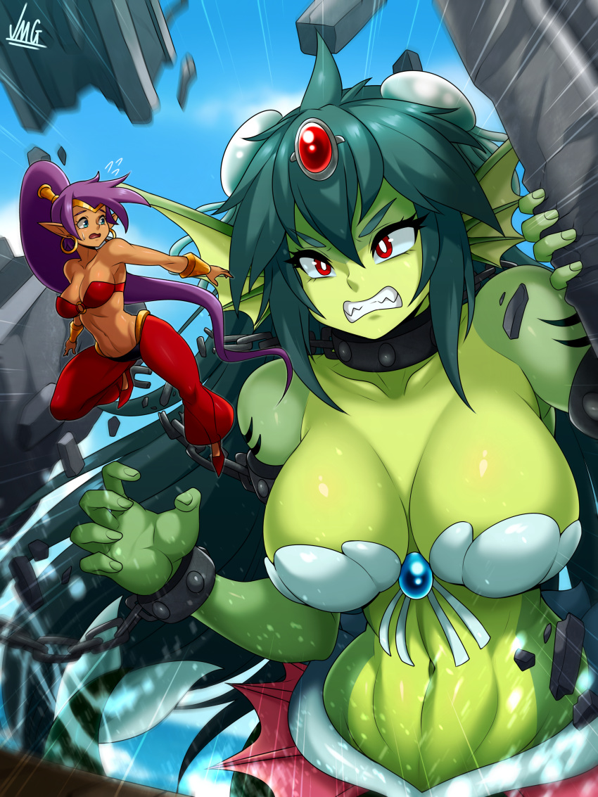 2girls absurdres ahoge bandeau bared_teeth blue_eyes breasts chain chained_wrists circlet cleavage dark_skin destruction earrings emphasis_lines forehead_jewel giantess giga_mermaid gills green_skin harem_pants head_fins highres hoop_earrings jewelry jmg large_breasts leash long_hair monster_girl multiple_girls navel o-ring o-ring_top pants pointy_shoes ponytail purple_hair red_eyes seashell_bra shantae:_half-genie_hero shantae_(character) shantae_(series) shell shell_bikini shoes strapless sweatdrop toned very_long_hair