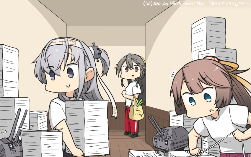 2others 3girls alternate_costume black_hair brown_eyes brown_hair chou-10cm-hou-chan_(suzutsuki's) clothes_writing commentary_request dated grey_eyes hair_ribbon hairband hallway hamu_koutarou haruna_(kantai_collection) headband headgear highres kantai_collection kazagumo_(kantai_collection) long_hair multiple_girls multiple_others one_side_up pants paper_stack ponytail purple_pants red_pants ribbon shirt silver_eyes silver_hair suzutsuki_(kantai_collection) t-shirt track_pants translation_request white_headband white_shirt