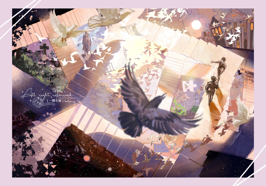 2boys absurdres bird black_hair black_jacket black_pants black_sleeves border building closed_mouth cover cover_page crescent_moon crow first-class_lawyer from_above full_body glasses grey_border gu_yuan highres holding holding_paper jacket long_sleeves male_focus moon moyna multiple_boys outstretched_arm pants paper plant puzzle_piece solar_system stairs standing sun tombstone walking watermark white_bird wide_shot yan_suizhi