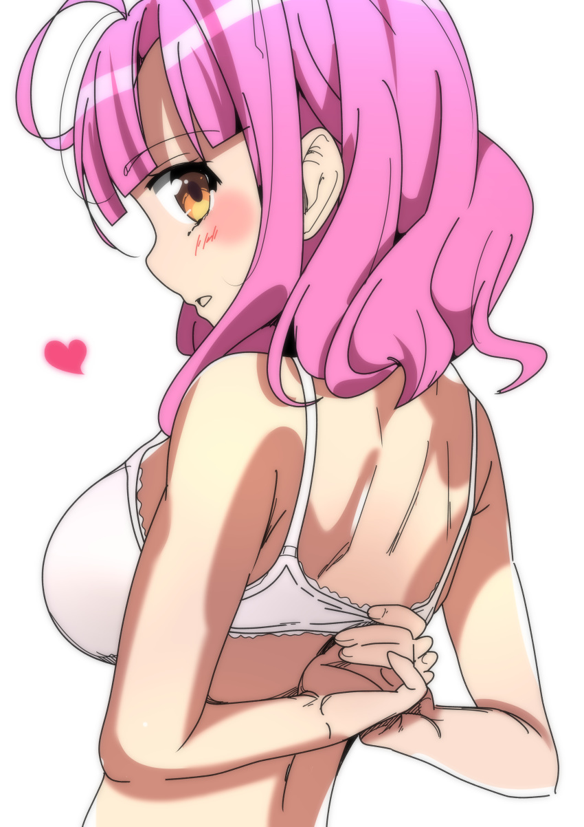 1girl absurdres ahoge bangs blush bra breasts brown_eyes eyebrows_visible_through_hair gakkou_gurashi! heart highres long_hair looking_at_viewer looking_back medium_breasts open_mouth pink_hair profile sakura_megumi shiny shiny_hair shoulder_blades sideboob simple_background sinakyo sketch solo underwear upper_body white_background white_bra