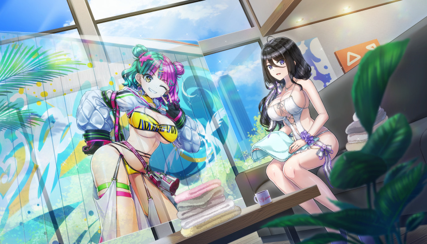 2girls bikini black_hair blue_eyes blunt_bangs breasts cleavage coach cup diagonal_bangs dolphin_wave double_bun earrings game_cg gloves green_hair hair_between_eyes hair_bun hair_ornament hairclip helly_lewis highres jewelry large_breasts long_hair multicolored_hair multiple_girls navel non-web_source official_alternate_costume official_alternate_hairstyle official_art one-piece_swimsuit one_eye_closed ootomo_takuji purple_hair sideboob sitting skindentation split-color_hair suminoe_shion swimsuit table thigh_strap towel two-tone_hair v yellow_eyes