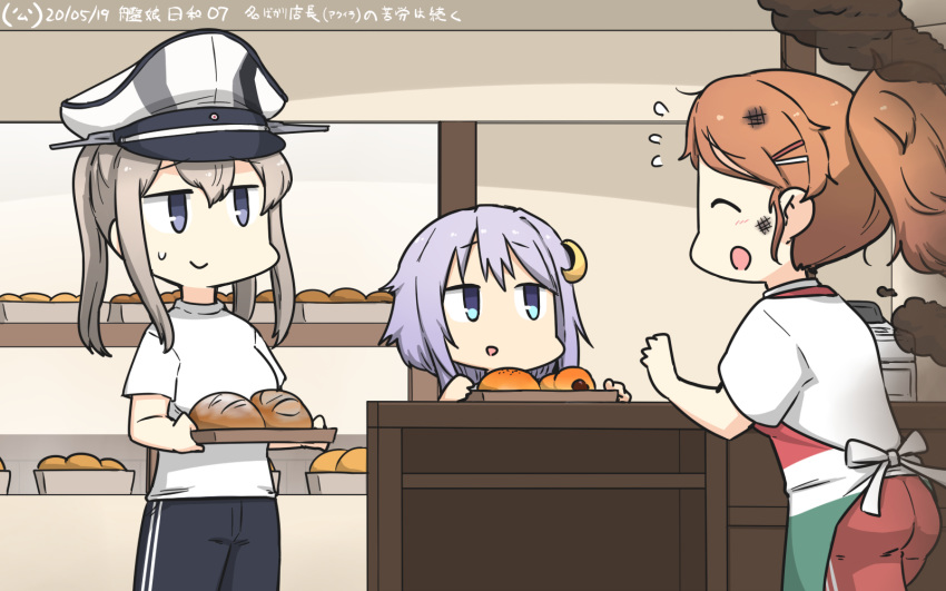 3girls alternate_costume aquila_(kantai_collection) black_pants blonde_hair blue_eyes bread cash_register casual closed_eyes commentary_request cowboy_shot crescent crescent_hair_ornament dated food from_side graf_zeppelin_(kantai_collection) hair_between_eyes hair_ornament hairclip hamu_koutarou hat height_difference highres holding holding_tray indoors jitome kantai_collection looking_at_another looking_up messy_hair military_hat multiple_girls open_mouth orange_hair pants peaked_cap ponytail purple_hair red_pants shirt short_hair_with_long_locks sidelocks smile smoke track_pants translation_request tray twintails white_shirt yayoi_(kantai_collection)