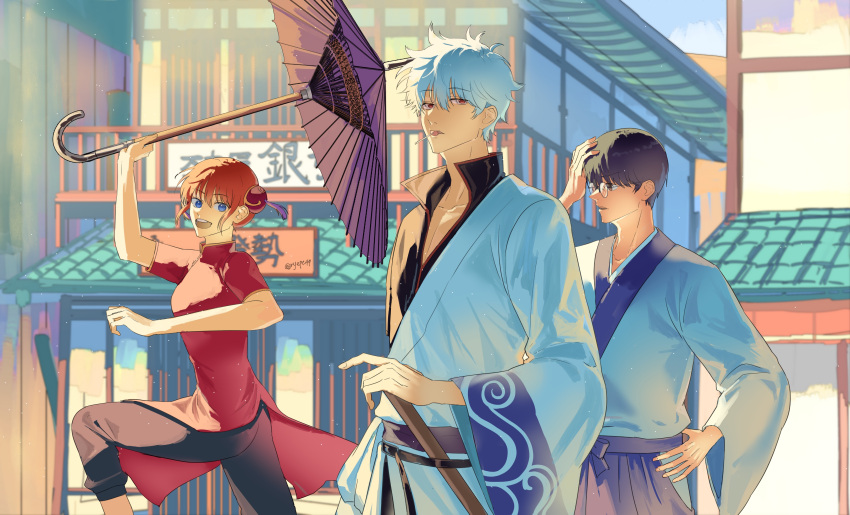 1girl 2boys absurdres architecture arm_up black_hair black_pants blue_eyes candy china_dress chinese_clothes dress east_asian_architecture food from_side gintama glasses highres holding holding_umbrella japanese_clothes kagura_(gintama) light_particles lollipop looking_back multiple_boys oil-paper_umbrella open_mouth pants parted_lips red_eyes round_eyewear ryepe sakata_gintoki shimura_shinpachi short_hair smile teeth twitter_username umbrella upper_teeth_only white_hair wide_sleeves