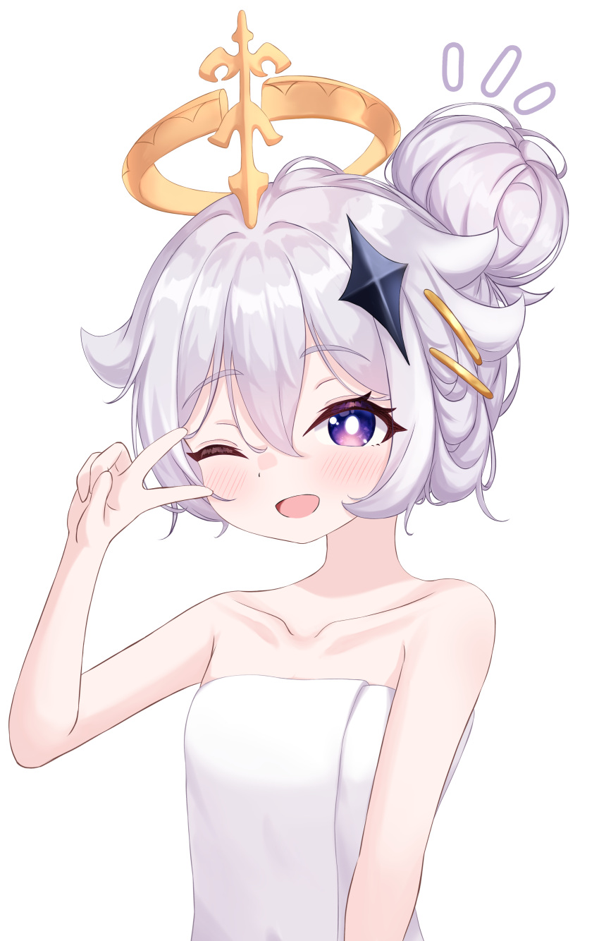1girl absurdres alternate_hairstyle blush collarbone commentary genshin_impact hair_between_eyes hair_bun hair_ornament halo hand_up highres kuma_piv looking_at_viewer naked_towel one_eye_closed open_mouth paimon_(genshin_impact) purple_eyes simple_background solo star_(symbol) star_hair_ornament symbol-only_commentary towel upper_body v v_over_eye white_background white_hair