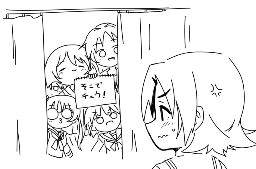 :| anger_vein asyura_kumo closed_eyes closed_mouth commentary freckles frown girls_und_panzer glasses greyscale holding holding_sign lineart long_hair looking_at_another maruyama_saki monochrome neckerchief ooarai_school_uniform oono_aya opaque_glasses open_mouth puckered_lips sakaguchi_karina sawa_azusa school_uniform serafuku short_hair sign sketch smile sweatdrop translated twintails utsugi_yuuki wavy_mouth yamagou_ayumi