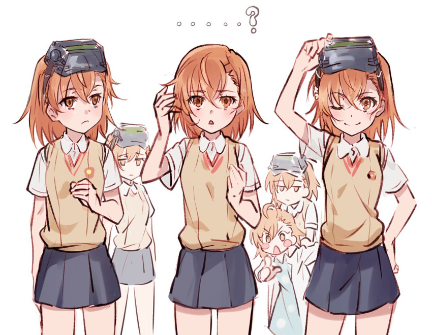 ... ...? 6+girls :&lt; ? adjusting_goggles ahoge asymmetrical_bangs bangs blue_dress blush_stickers brown_eyes brown_hair brown_sweater_vest coat commentary confused cowboy_shot dress dress_shirt empty_eyes excited expressionless flower goggles goggles_on_head goggles_removed grey_skirt hair_between_eyes hair_ornament hairpin hand_on_another's_shoulder hand_on_own_chest hand_on_own_head hand_up heads-up_display jitome labcoat last1031t last_order looking_ahead looking_at_another looking_at_viewer misaka_imouto misaka_mikoto multiple_girls one_eye_closed open_clothes open_coat open_mouth patch pointing polka_dot polka_dot_dress school_uniform shirt short_hair short_sleeves siblings simple_background sisters skirt smile standing sweater_vest theft to_aru_kagaku_no_railgun to_aru_majutsu_no_index tokiwadai_school_uniform white_background white_coat white_flower white_shirt
