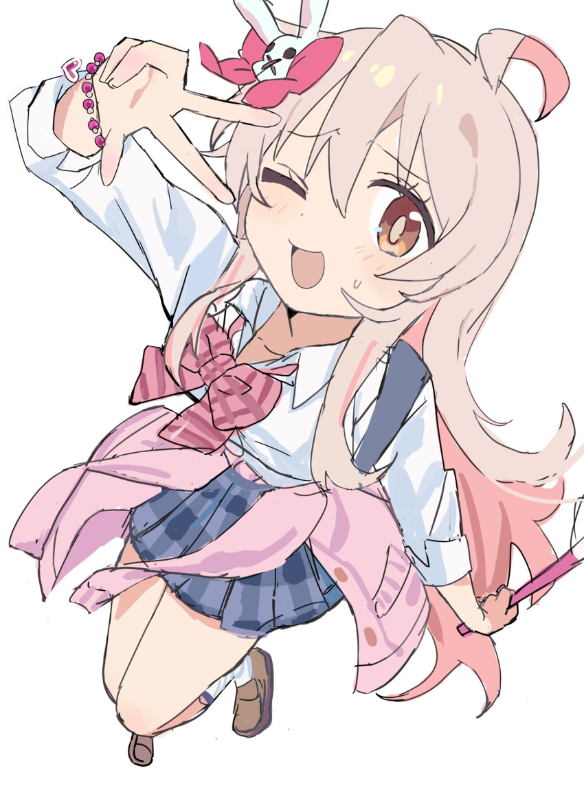 1girl ;d ahoge blue_skirt bow bowtie bracelet brown_eyes clothes_around_waist gyaru hair_between_eyes hair_ornament highres jewelry kogal loafers long_hair long_sleeves looking_at_viewer one_eye_closed onii-chan_wa_oshimai! open_mouth oyama_mahiro pink_bow pink_bowtie pink_hair pleated_skirt rabbit_hair_ornament school_uniform shirt shoes simple_background skirt smile socks solo striped_clothes tain_1717 v w white_background white_shirt white_socks