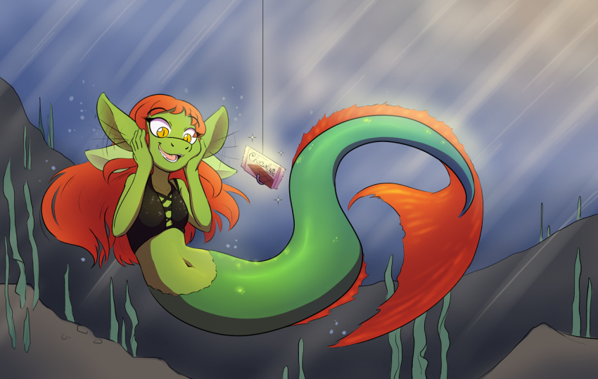 anthro bottomless candy chocolate clothed clothing dragon dragonkai female fish_hook food green_body green_scales hair kaya_(twin_dragons) long_hair marine merfolk navel red_hair scales scalie seaweed solo swimming topwear twin_dragons_(webcomic) underwater vest water