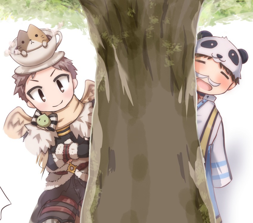 2boys arch_bishop_(ragnarok_online) black_hair black_pants black_shirt blue_coat brown_eyes brown_hair brown_scarf brown_wings cat closed_eyes closed_mouth coat commentary_request commission cowboy_shot cropped_jacket cup facial_hair fur_collar highres jacket kuma_king looking_at_viewer male_focus multiple_boys mustache official_alternate_costume open_mouth panda_hat pants ragnarok_online scarf shadow_chaser_(ragnarok_online) shirt short_bangs short_hair simple_background skeb_commission smile teacup transparent_background tree v-shaped_eyebrows white_jacket wings