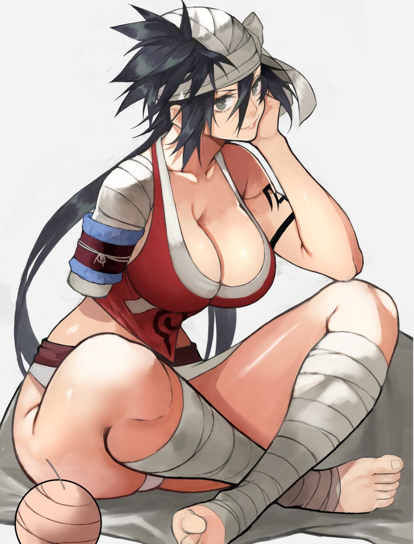 1girl amputee bandaged_head bandaged_leg bandages bangs bare_shoulders barefoot biceps black_hair bleach breasts cleavage closed_mouth feet grey_eyes highres indian_style large_breasts long_hair looking_at_viewer muscle muscular_female panties shiba_kuukaku simple_background sitting smile tattoo underwear white_panties yoshio_(55level)